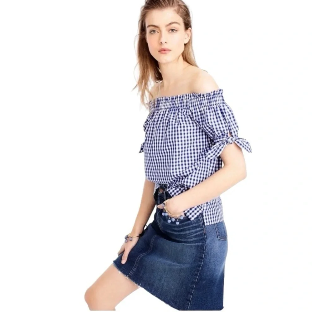 J. Crew Blue White Gingham Checkered Off The Shoulder Top Cottagecore Size 2